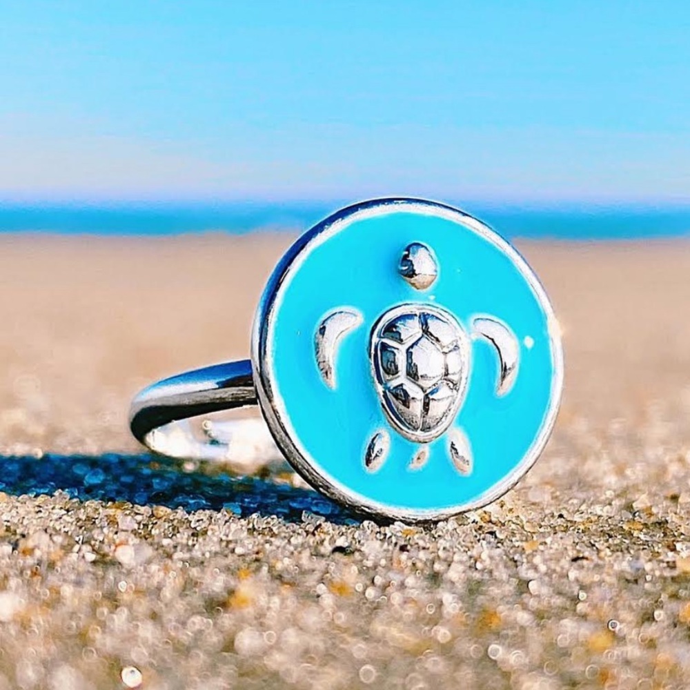 Beachware Silver Turtle Turquoise Blue Enamel Ring Sz 7.5